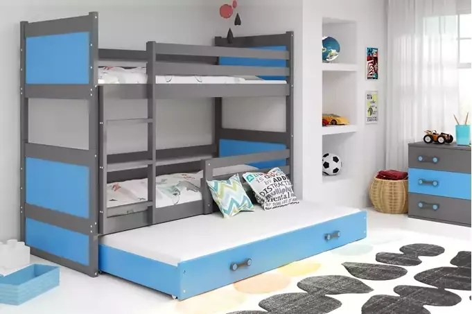 3-lôžková poschodová posteľ RICO so zásuvkou, grafitová/modrá