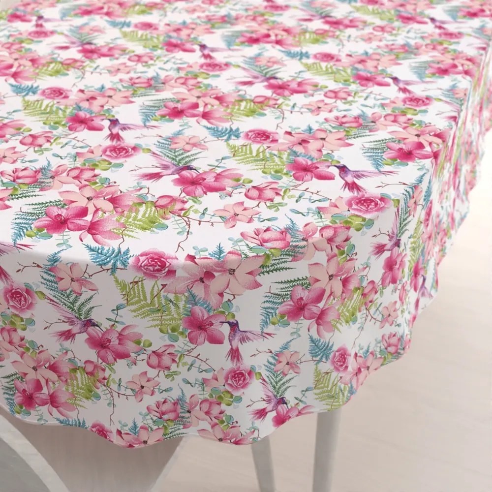 Biante Bavlnený oválny obrus Sandra SA-493 Kolibríky s ružovými kvetmi na bielom 50x100 cm