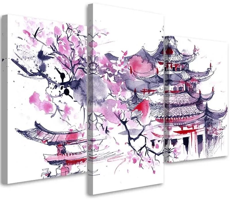 Gario Obraz na plátne Japonská pagoda a čerešňový kvet - 3 dielny Rozmery: 150 x 100 cm
