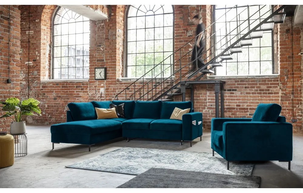 Tyrkysová zamatová rozkladacia rohová pohovka (ľavý roh) Lofty Lilly – Miuform