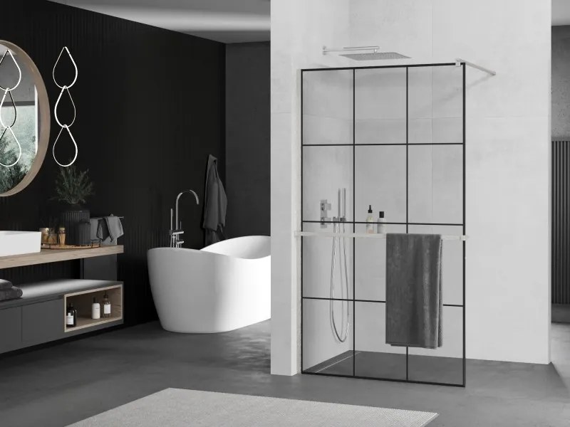 Mexen Kioto+, sprchová zástena Walk-In s poličkou a vešiakom 120 x 200 cm, 8mm číre sklo čierny vzor, brúsená oceľ profil, 800-120-121-97-77