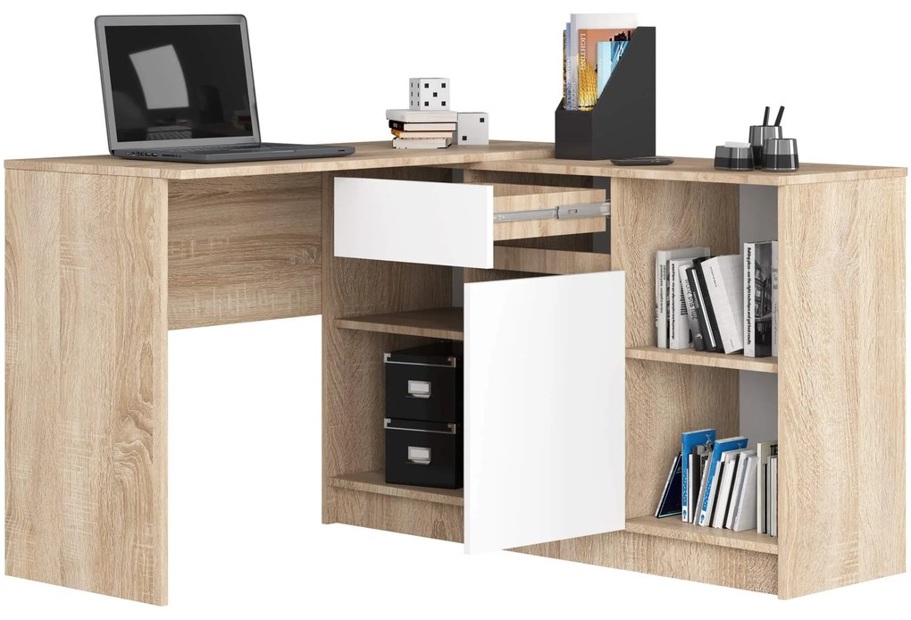 Rohový psací stůl B-17 s komodou dub sonoma/bílý