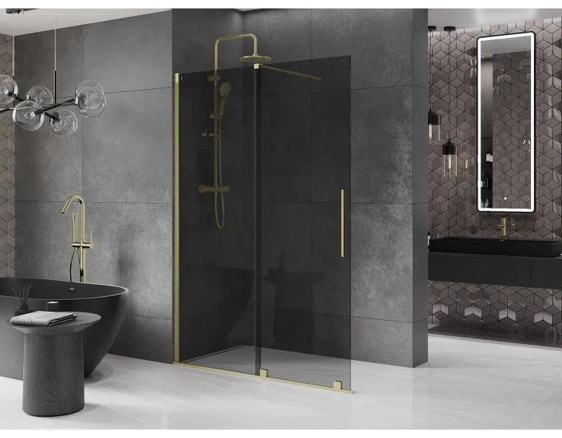 Mexen Velar, sprchová zástena s posuvnými dverami Walk-in 140 x 200 cm, 8mm šedé sklo, zlatá matná, 871-140-000-43-55
