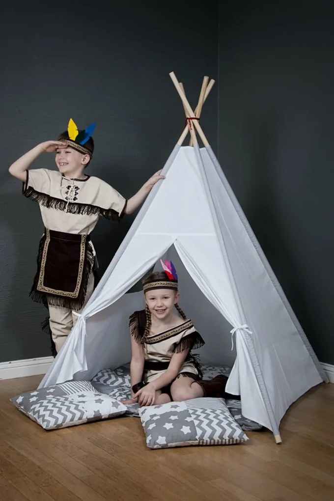 Mamo Tato Stan pre deti teepee, típí s výbavou - béžový/mini hviezdičky biele na šedom