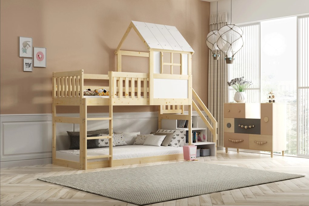 Posteľ ANTRESOLA 200×90 cm so schodíkmi a strieškou – borovica