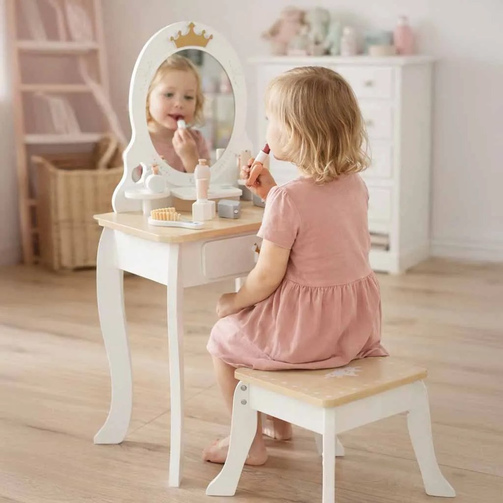 KIK Detský drevený toaletný stolík pre dievčatá Lulilo Bella biely so zrkadlom a doplnkami