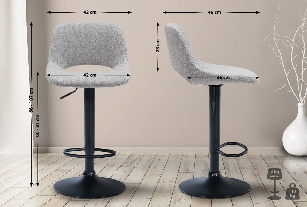 2x Barová stolička Camden - látka, čierny rám - Svetlo sivá