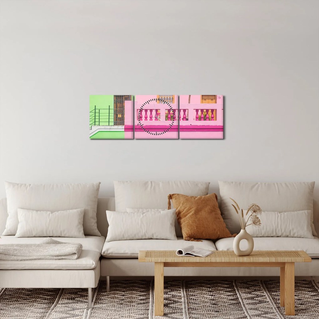Obraz autá - farebné domy (s hodinami) (90x30 cm)