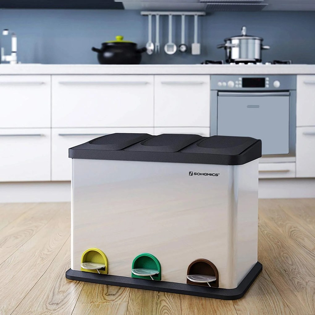 SONGMICS Odpadkový kôš LTB45L na triedený odpad, 3 x 15 L, strieborno / čierny