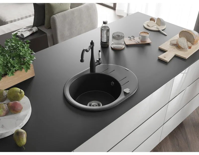 Mexen Kevin, granitový drez 586x458x190 mm, 1-komorový a drezová batéria Carla, čierna, 6517-77-670700-70