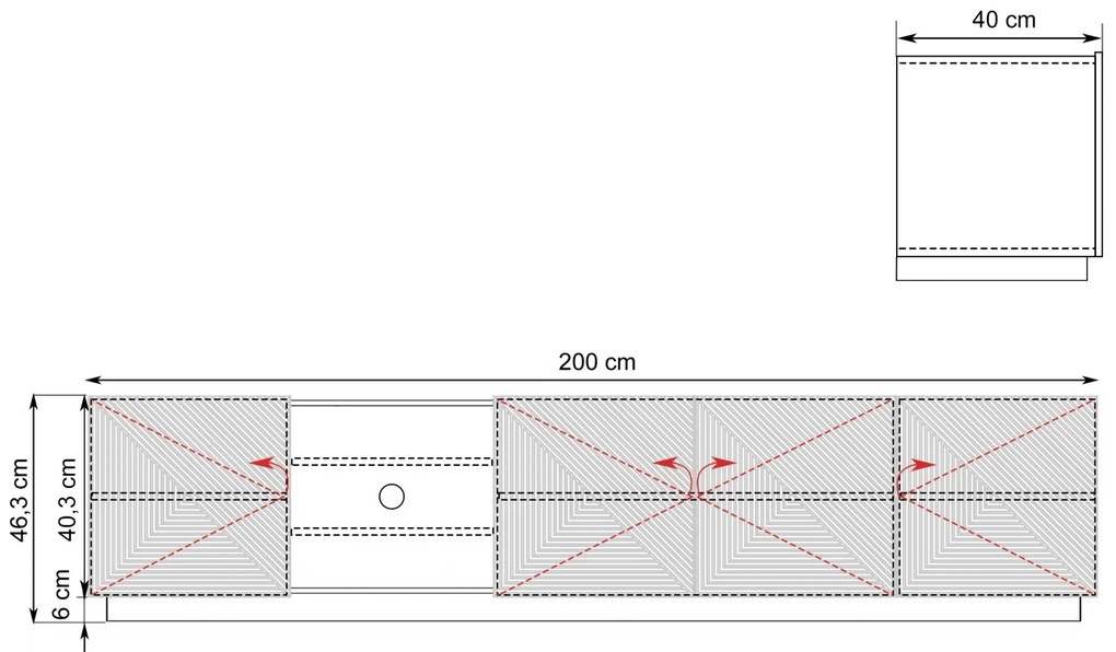 TV stolík Asha 200 cm s ryhovaným čelom - artisan / čierny mat