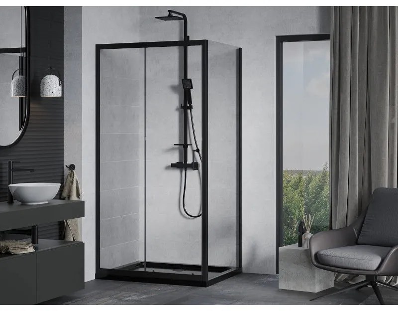 Mexen Apia, sprchový kút s posuvnými dverami 110 (dvere) x 70 (stena) cm, 6mm číre sklo, čierny profil + čierna sprchová vanička s čiernym sifónom, 840-110-070-70-00-4070B