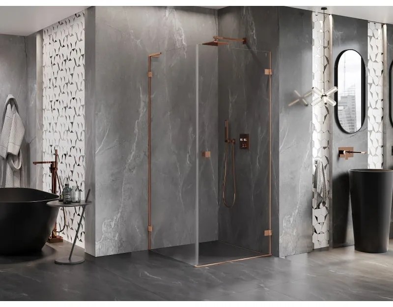 Mexen Lunar-B L, 1-krídlový sprchový kút, pravý, 90 x 90 cm, 8mm číre sklo, medený profil, 832L-090-090-65-00-P