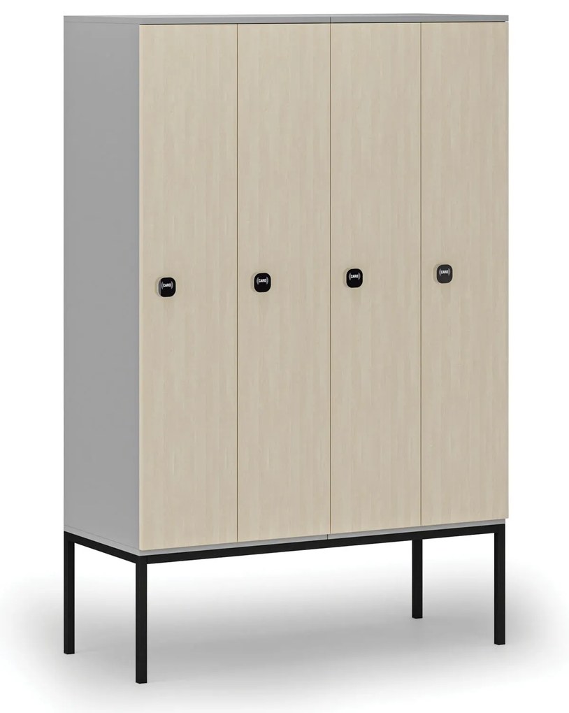 Drevená šatníková skrinka s podnožou, 4 oddiely, 1871 x 1200 x 500 mm, demont, RFID zámok, sivá/breza