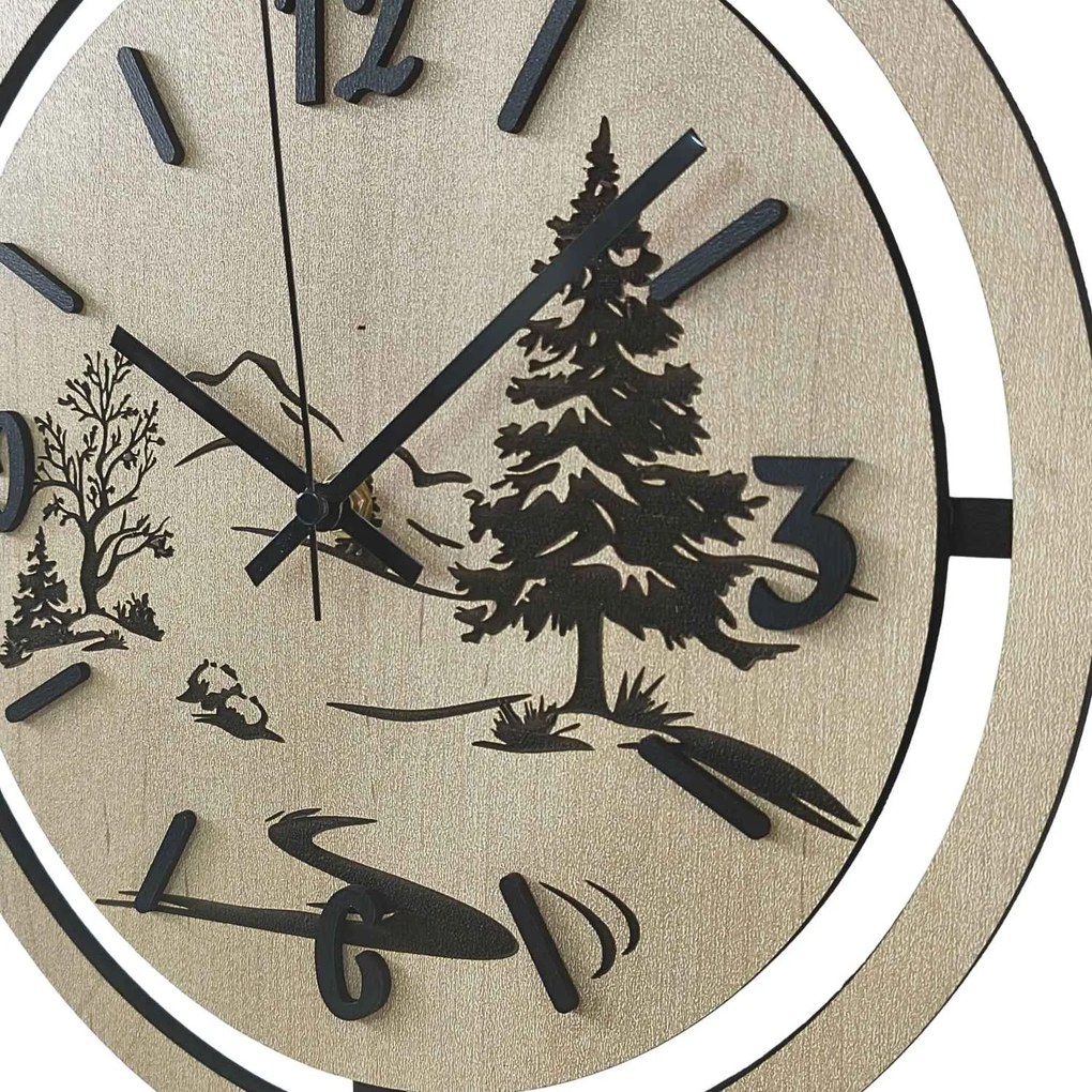 Nástenné hodiny Lesná krajina gravírované | PUPOU: HDF - Javor 30 cm 4795-115320 HDF0607-čiene-ruky