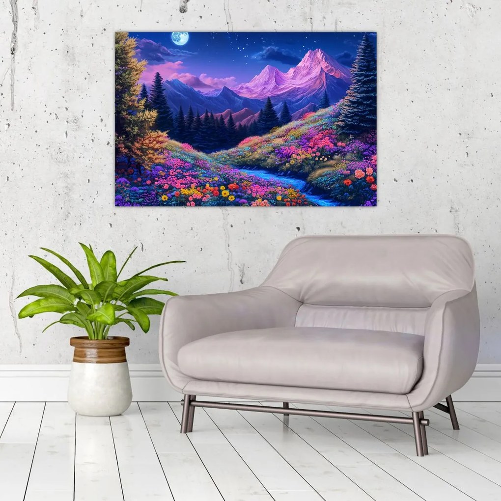 Obraz - Fialová krajina pri úplnku (90x60 cm)