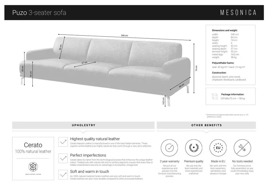 Červenohnedá kožená pohovka MESONICA Puzo, 240 cm