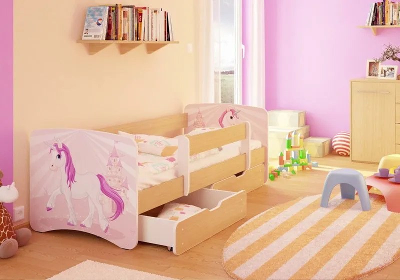 MAXMAX Detská posteľ Jednorožec funny 180x90 cm - sa zásuvkou 180x90 pre dievča ÁNO