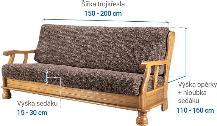 Bielastické poťahy VITTORIA hnedá trojkreslo s drevenými rúčkami (š. 150 - 200 cm)