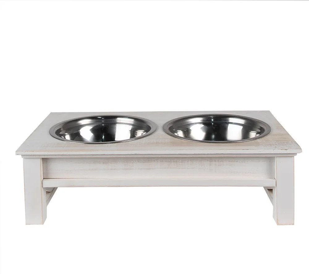 Misky pre zvieratá v bielom antik drevenom stojane - 40*22*12 cm / 2*500 ml