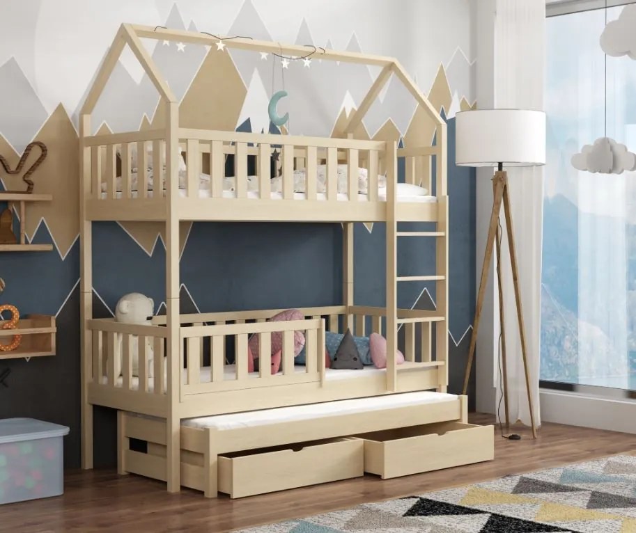 Detská domčeková poschodová posteľ z masívu borovice OTA s prístelkou a šuplíky - 200x90 cm - PRÍRODNÁ BOROVICA