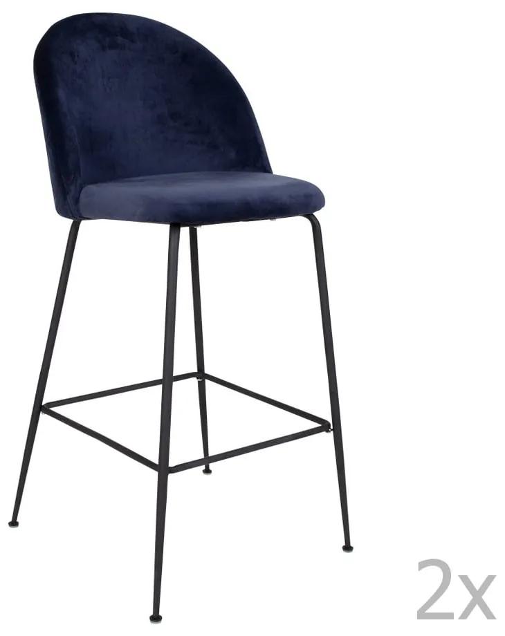 Súprava 2 modrých barových stoličiek so zamatovým poťahom s nohami čiernej farby House Nordic Lausanne