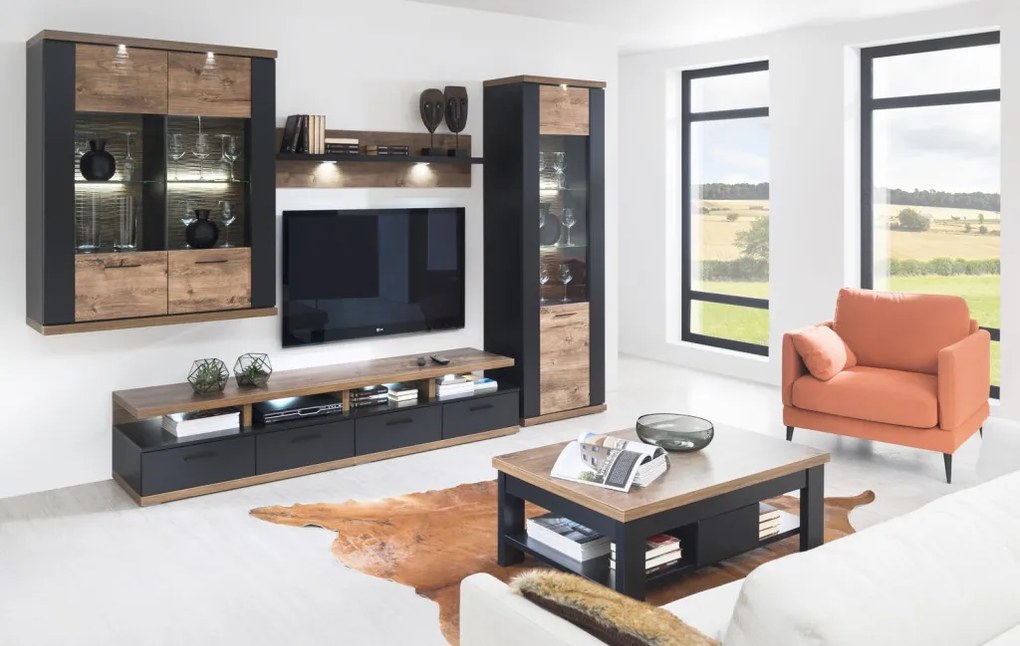 Široká nástenná vitrína Boston, čierna/dub ribbeck, s osvetlením