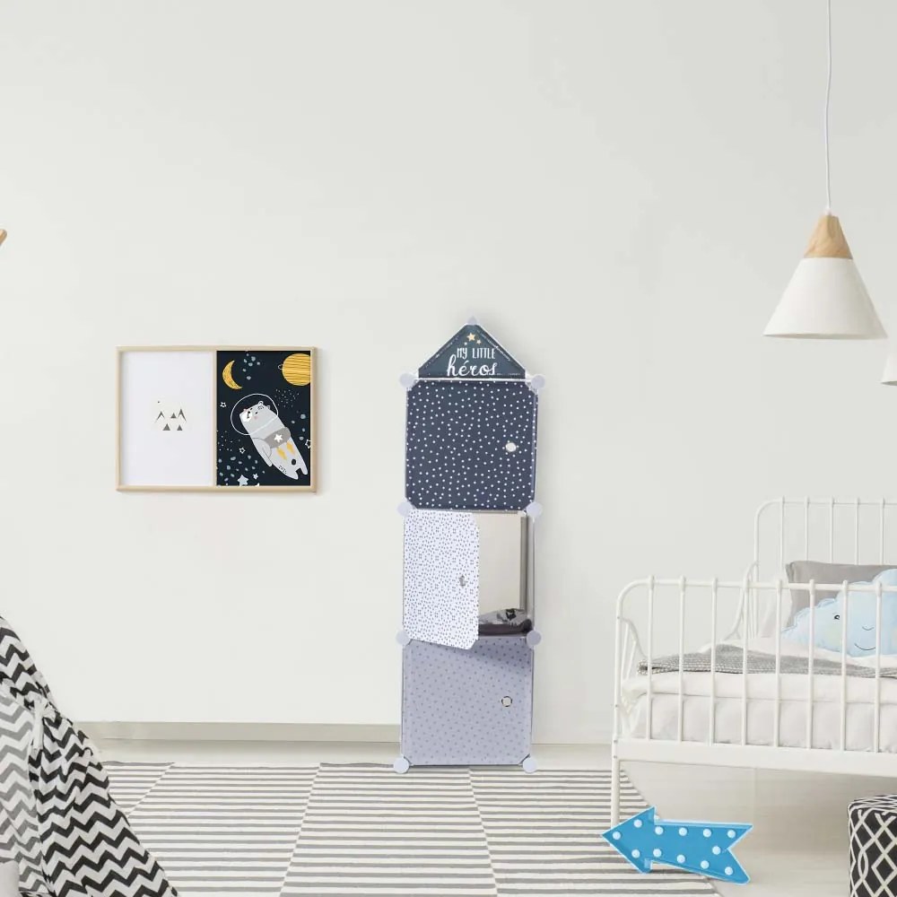 HOME DECO KIDS Detská úložná skriňa s poličkami a 3 zásuvkami, modro-sivá veža domček
