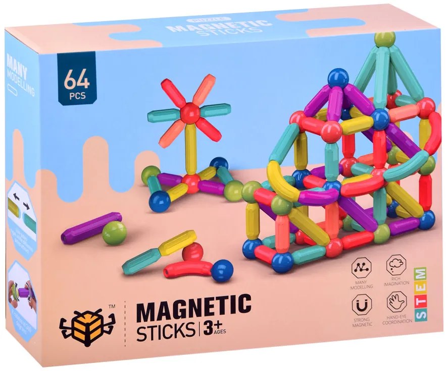 Magnetická stavebnica Inlea4Fun MAGNETIC STICKS - 64 kusov