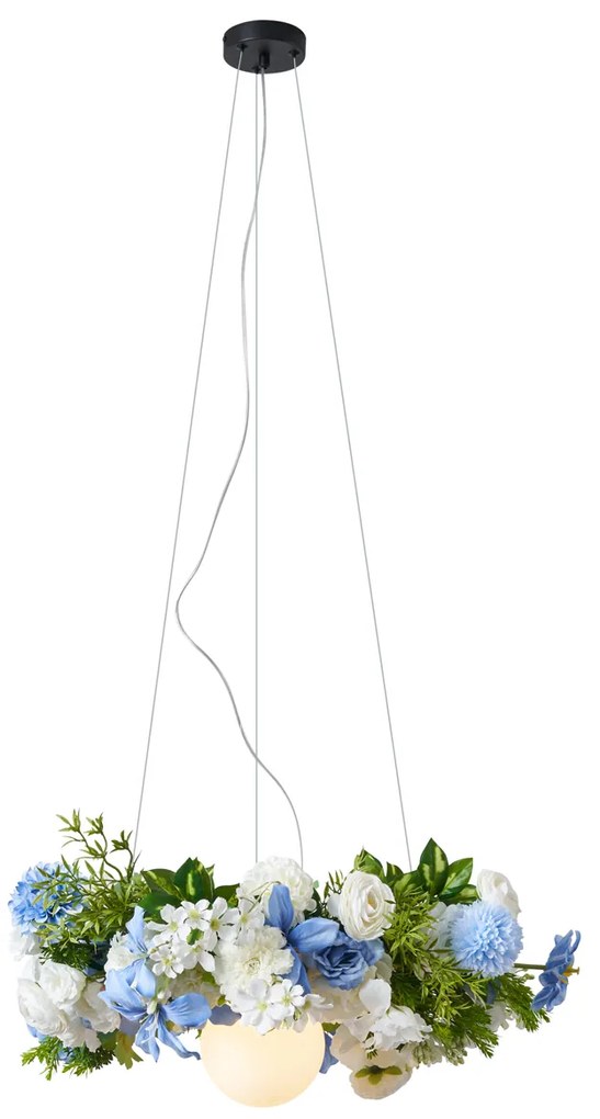 Bohemian závesná lampa čierna s farebnými kvetmi modrá a biela - Flower Power