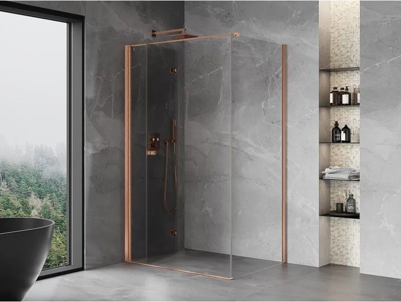 Mexen Mist-F T, 1-krídlový skladací sprchový kút ľavý 90 x 70 cm, priehľadný, brúsená meď - 8A6T-090-070-65-00-L