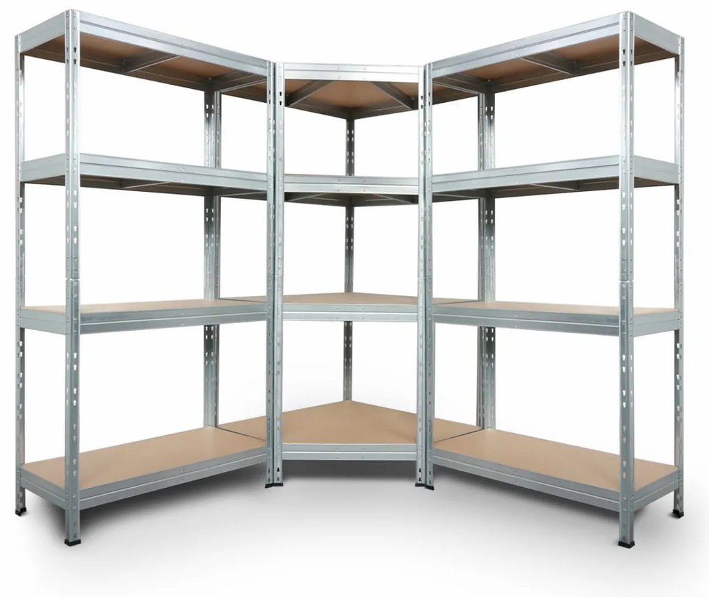 Bezskrutkový kovový regál RIVET CORNER PACK 180x180x180x45 cm, 4x HDF polica, zinok
