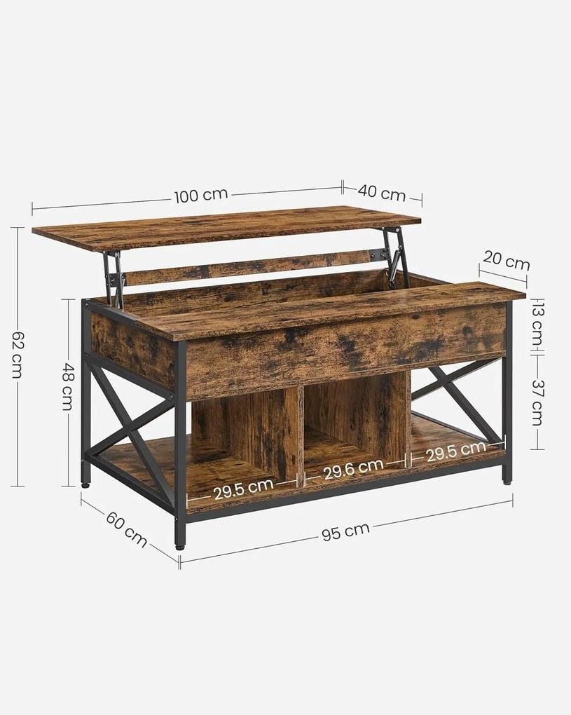 Konferenčný stolík, s otvárateľným priestorom, 60 x 100 x (48-62) cm, rustikálny hnedý