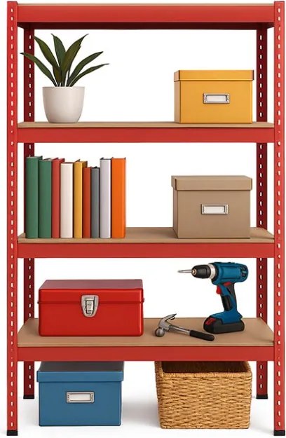 Regál 150x70x30 cm lakovaný 4-policový, nosnosť 700 kg - červený