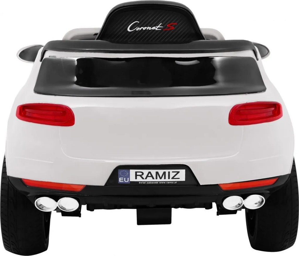 Ramiz Turbo-S batériové auto pre deti Biele + Diaľkové ovládanie + Pomalý štart + EVA kolesá + MP3 rádio