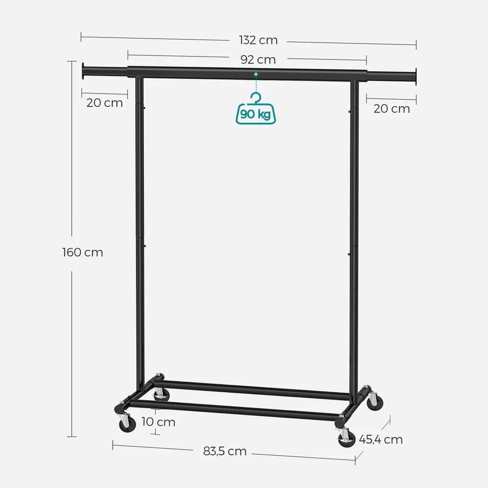 SongmicsHome Stojan na oblečenie INEZ na kolieskach, max.90kg, 83,5x45x160cm, čierna