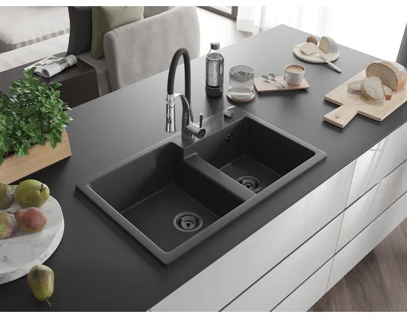 Mexen Tomas, 2-komorový granitový drez 800x500x190 mm a drezová batéria Aster, čierna škvrnitá, 6516-76-73450-07-B
