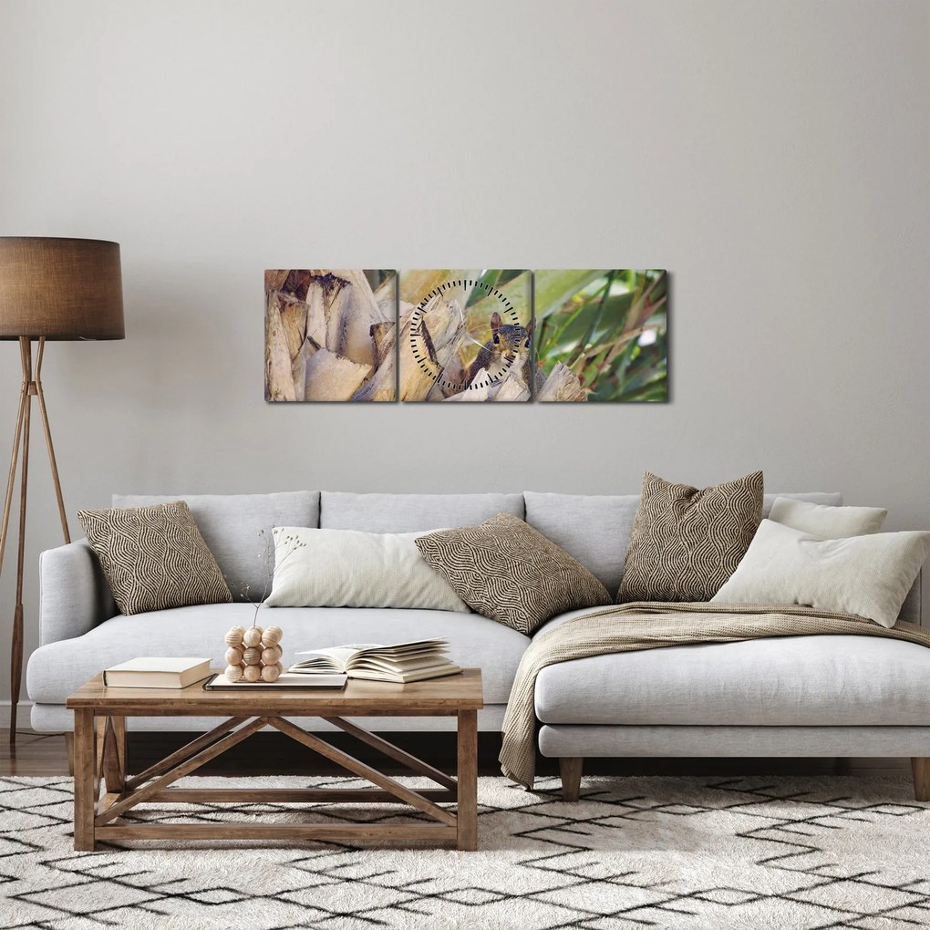 Obraz veveričky na strome (s hodinami) (90x30 cm)
