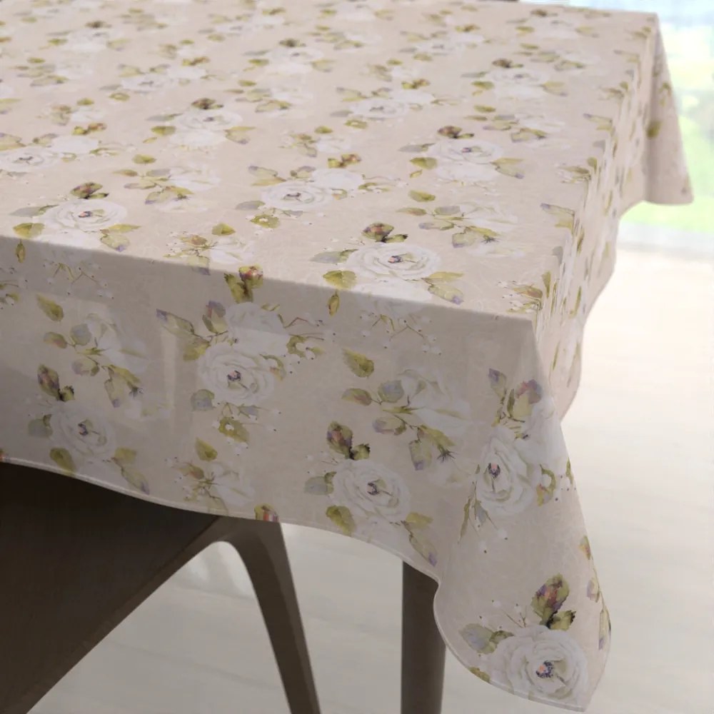 Biante Dekoračný štvorcový obrus PML-059 Biele ruže s perokresbou na béžovom 140x140 cm