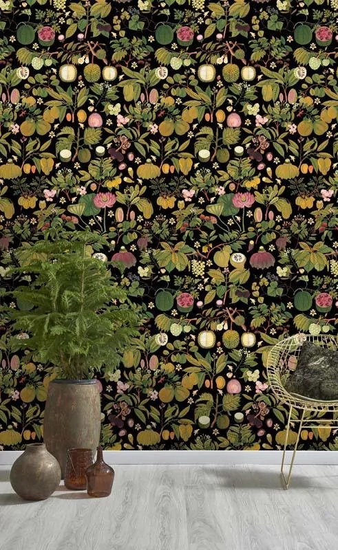 MINDTHEGAP Asian Fruits And Flowers Anthracite - tapeta