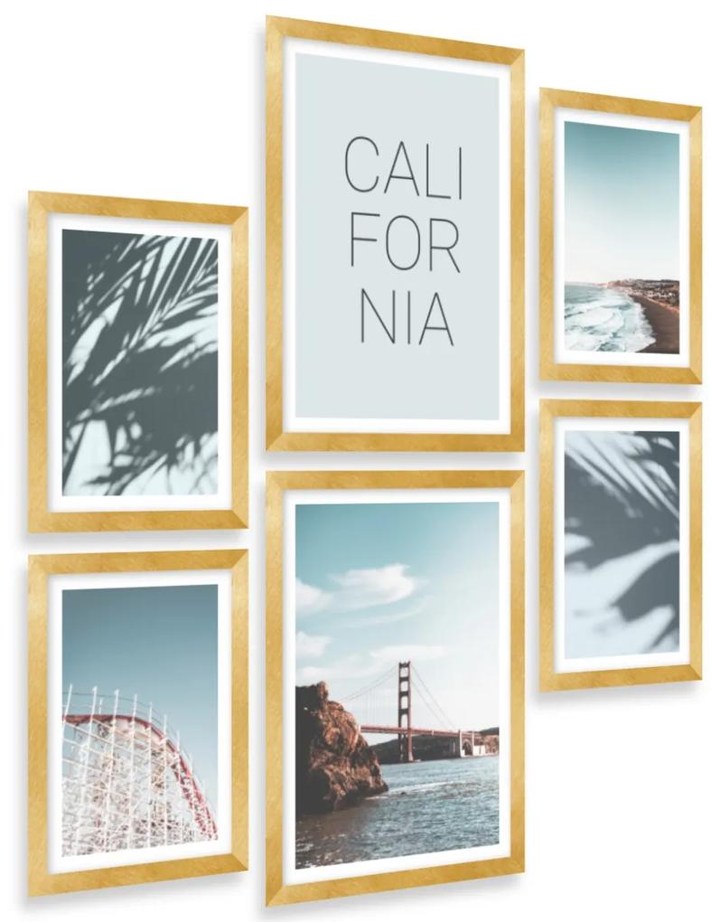 Gario Sada plagátov Pláže v Californii - 6 dielna Farba rámu: Zlatá, Rozmery: 85 x 92 cm