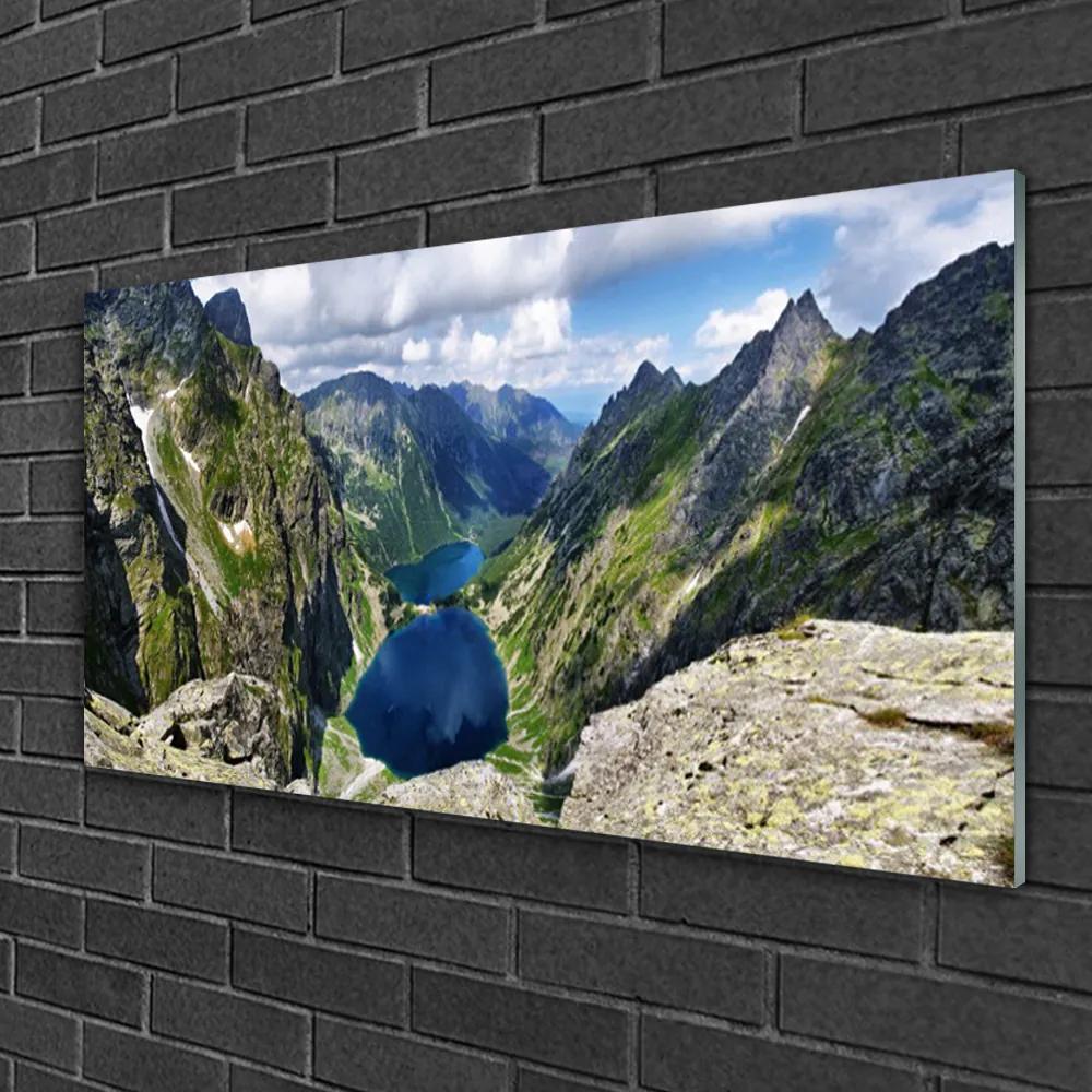 Skleneny obraz Hory údolie jazerá vrcholy 125x50 cm