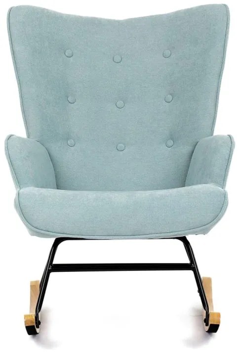 Luxusné hojdacie kreslo – moderný dizajn, svetlo modrá látka, masívne drevo, nosnosť 120 kg