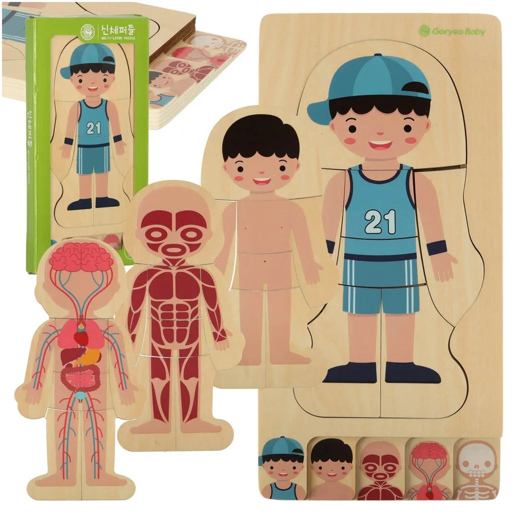 KIK Drevené Montessori vrstvené anatomické puzzle Ľudské telo 28 dielikov – vzdelávacie