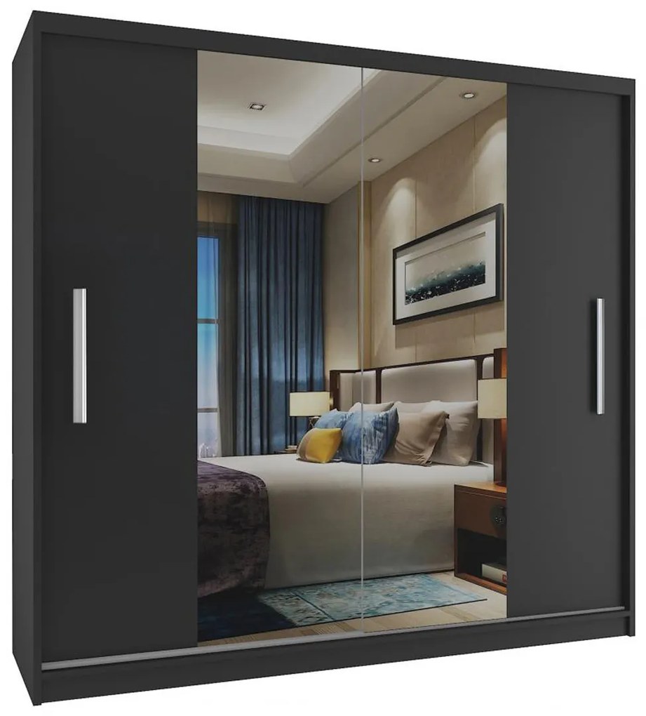 Šatníková skriňa 200 cm Belini čierny mat s posuvnými dverami a zrkadlom ME SZP1/2/B/B/0/AL