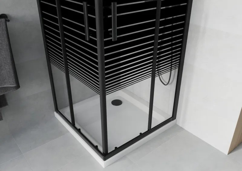 Mexen Rio, štvorcový sprchovací kút s posuvnými dverami 80(dvere) x 80(dvere) x 190 cm, 6mm číre sklo s pásikmi, čierny profil + biela sprchová vanička SLIM, 860-080-080-70-20-4010B