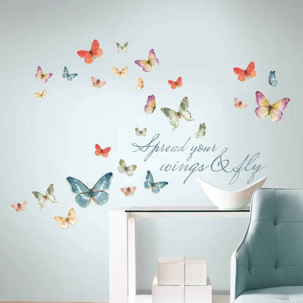 Samolepky na stenu motýle s nápisom WINGS