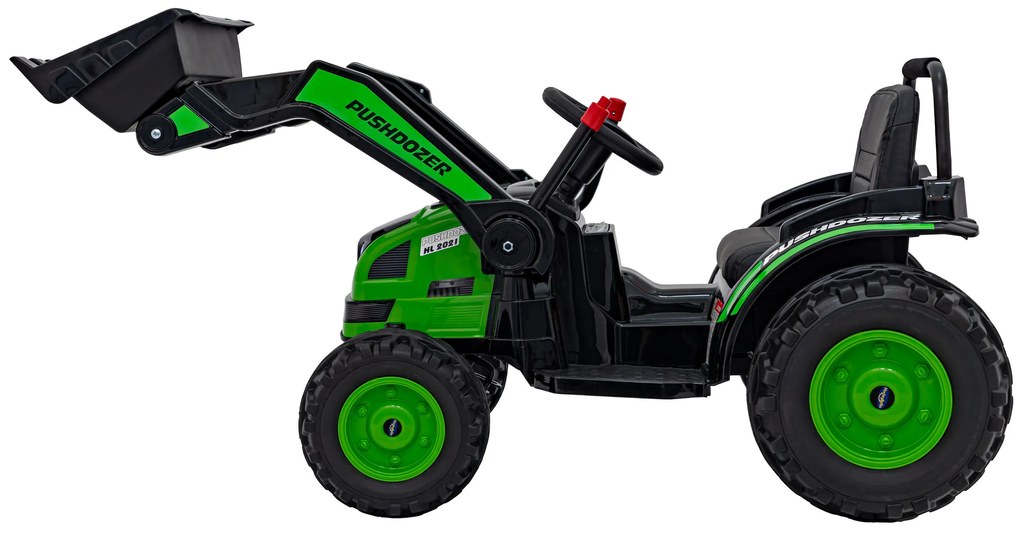 Zelený detský traktorový bager na batérie + pohyblivé rameno + diaľkové ovládanie + pomalý štart + FM rádio + LED