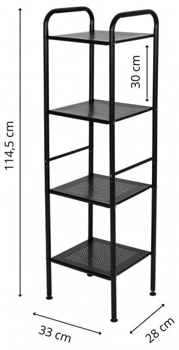 Erga Lexa, kúpeľňový kovový regál so 4 policami 28x33x114,5 cm, čierna matná, ERG-YKA-P.LEXA-4-BLK