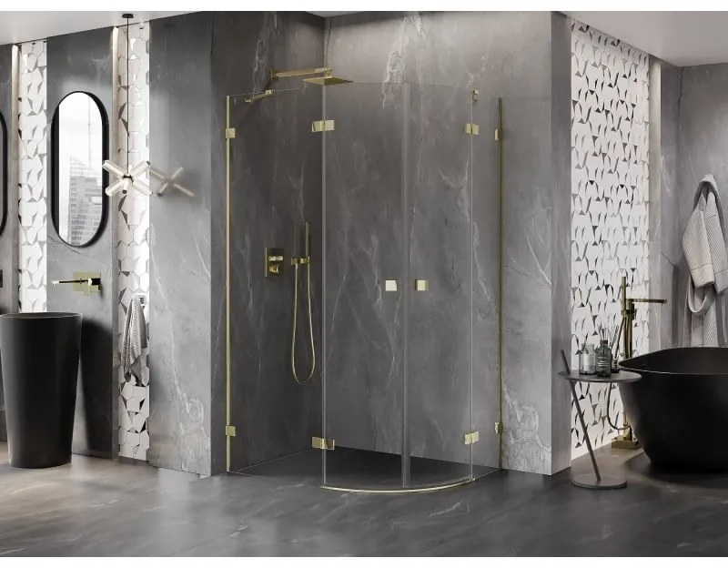 Mexen Lunar, polkruhový sprchový kút naklápací doľava 90 x 70 cm, 8mm číre sklo, zlatý profil, 833-090L-070P-50-00